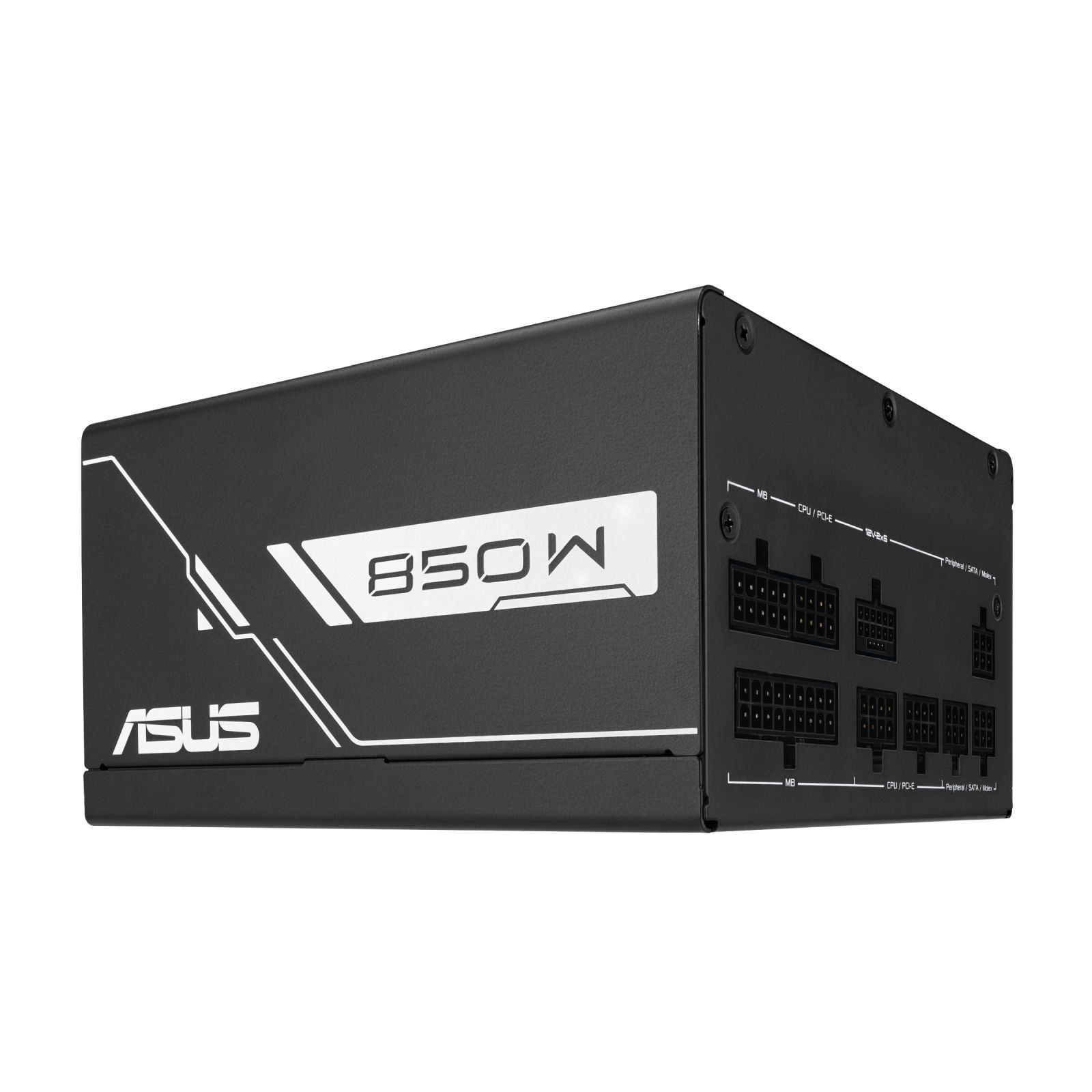 Czarny zasilacz ASUS 850W z portami i etykietami.
