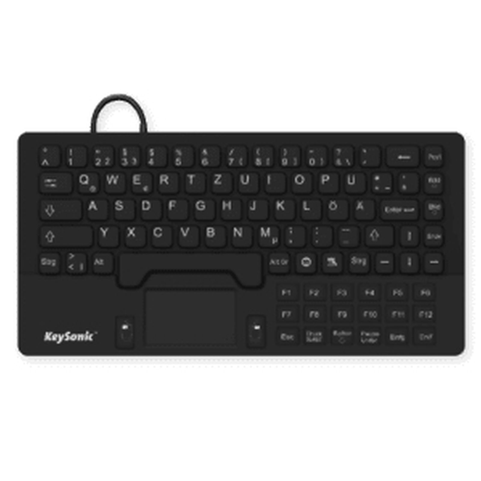 Teclado negro con touchpad y cable, logo KeySonic.