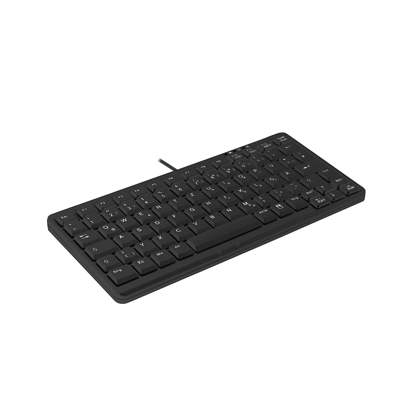 Un teclado negro y compacto con cable sobre fondo blanco.
