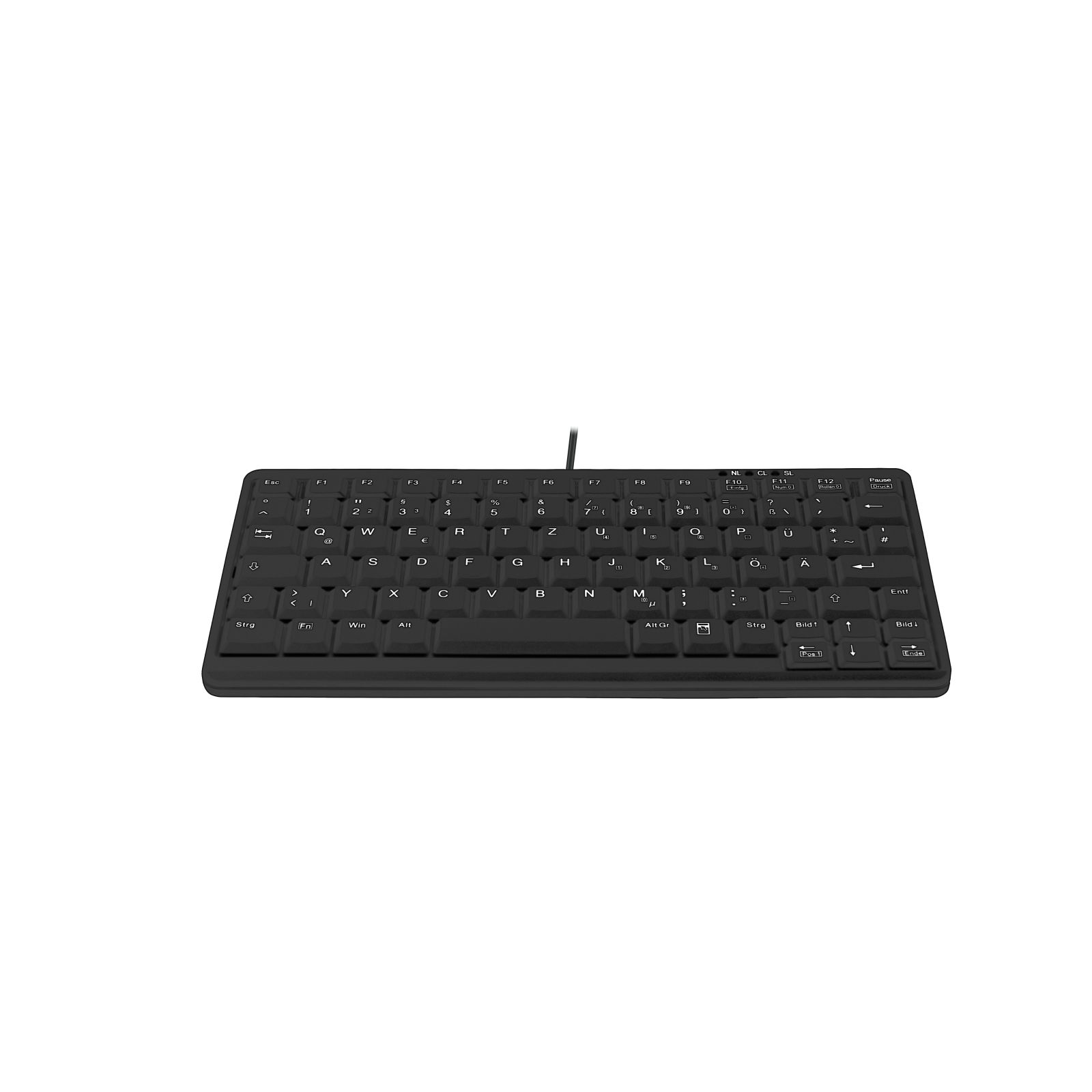 Un teclado negro y compacto con etiquetas de teclas blancas.