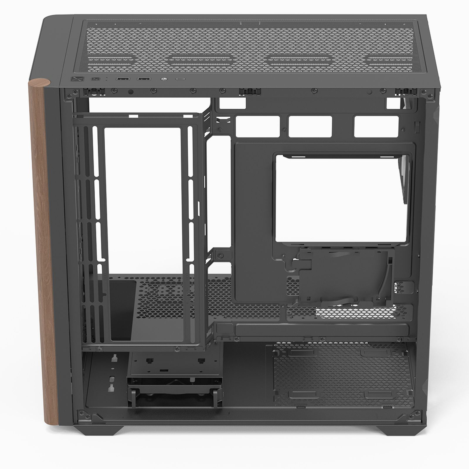 Una cornice aperta e scura di un case per computer con pannelli in legno sul lato.