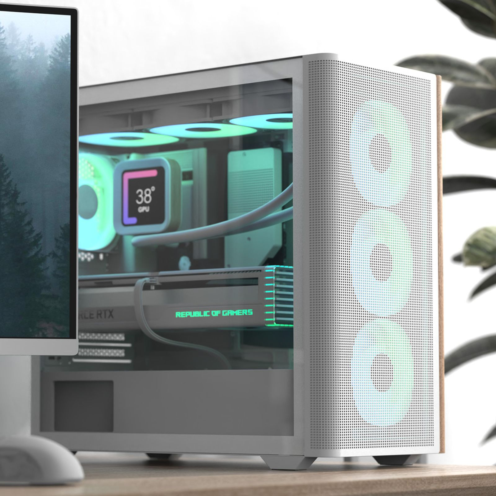 Un case PC bianco con luci RGB, mostra 38° GPU, su una scrivania di legno.