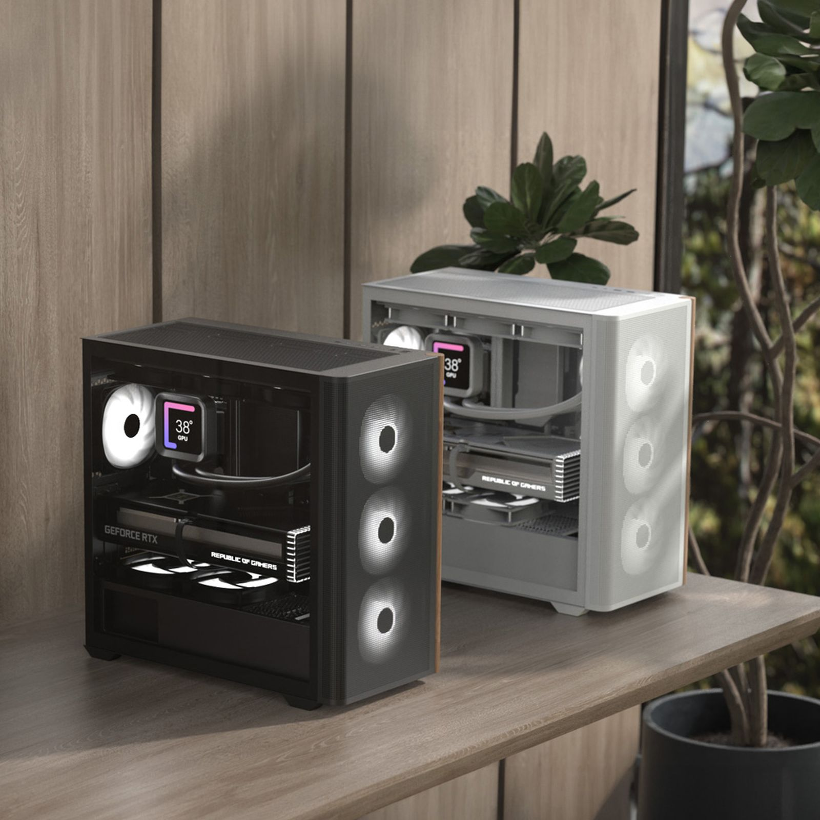 Due case PC, una nera e una bianca, con ventole RGB e raffreddamento a liquido.