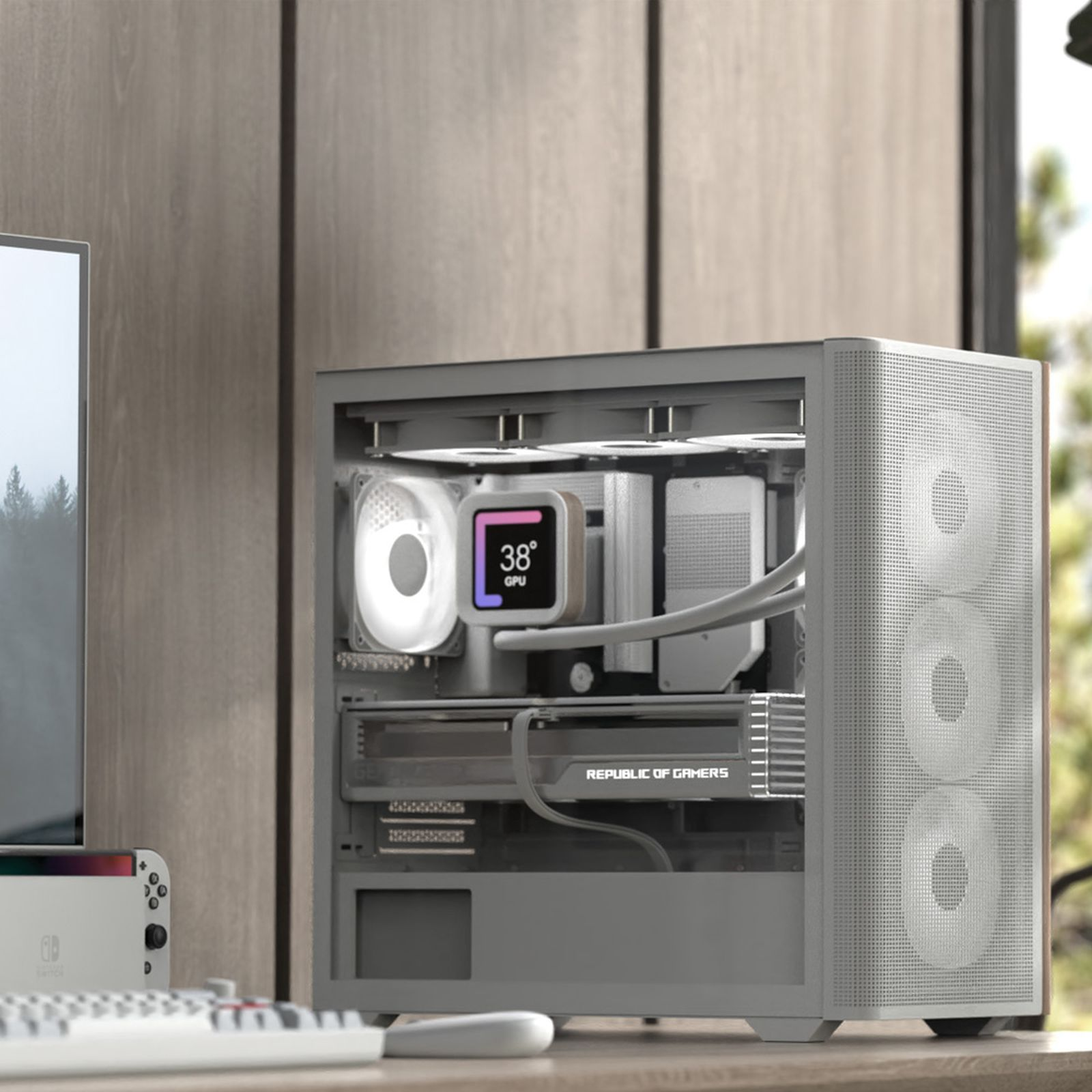 Un PC da gaming a vista aperta con ventola illuminata e display temperatura GPU.