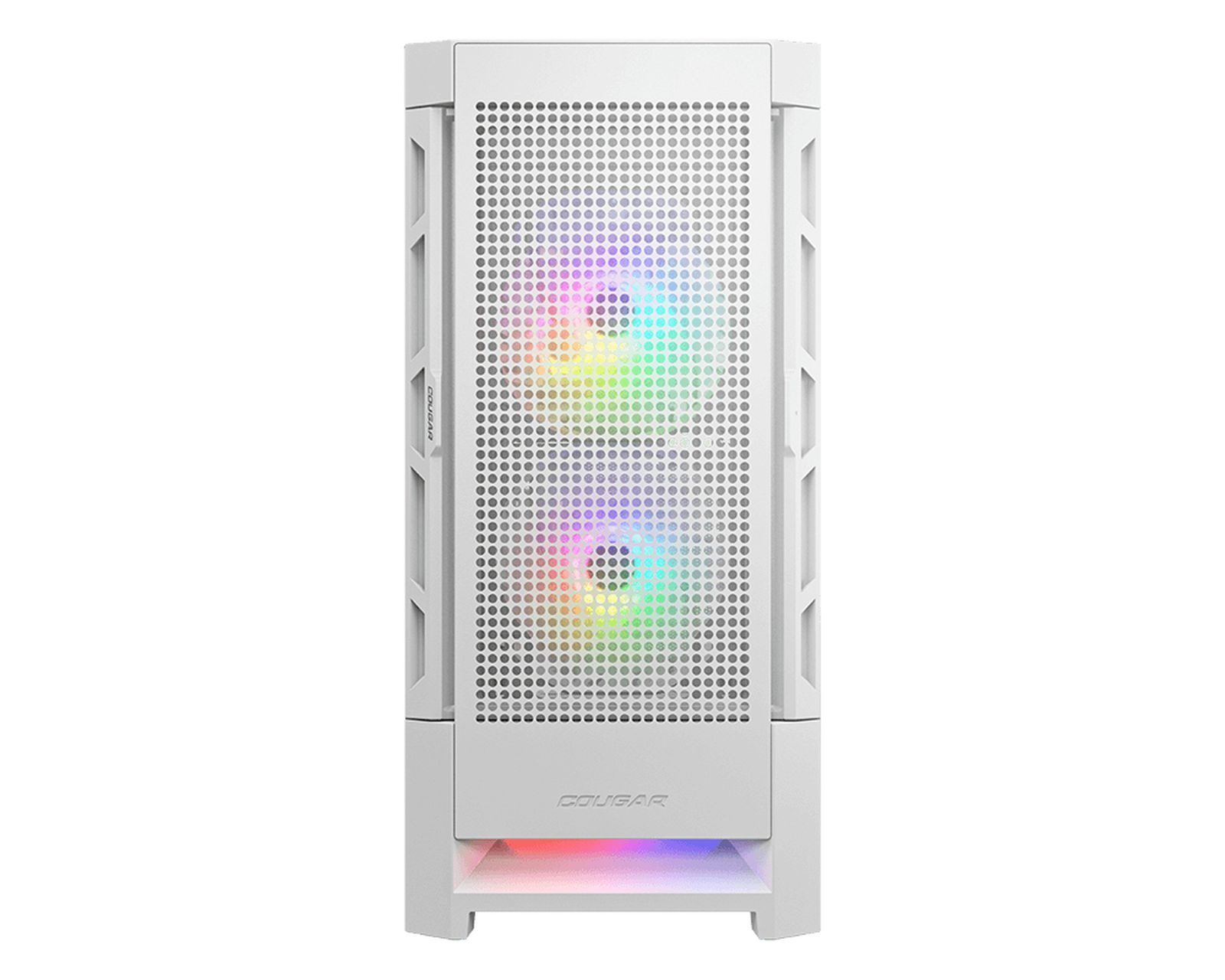 Un case per PC bianco con illuminazione RGB. La parte anteriore ha un motivo traforato.