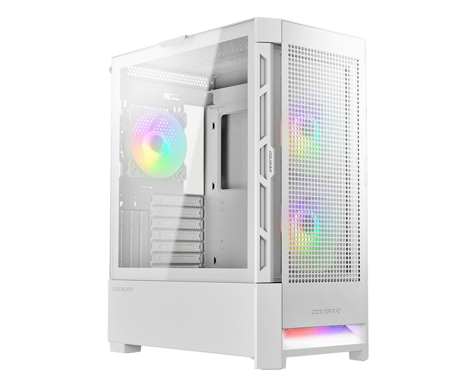 Case PC bianco con pannello laterale in vetro e illuminazione RGB sulla ventola frontale.
