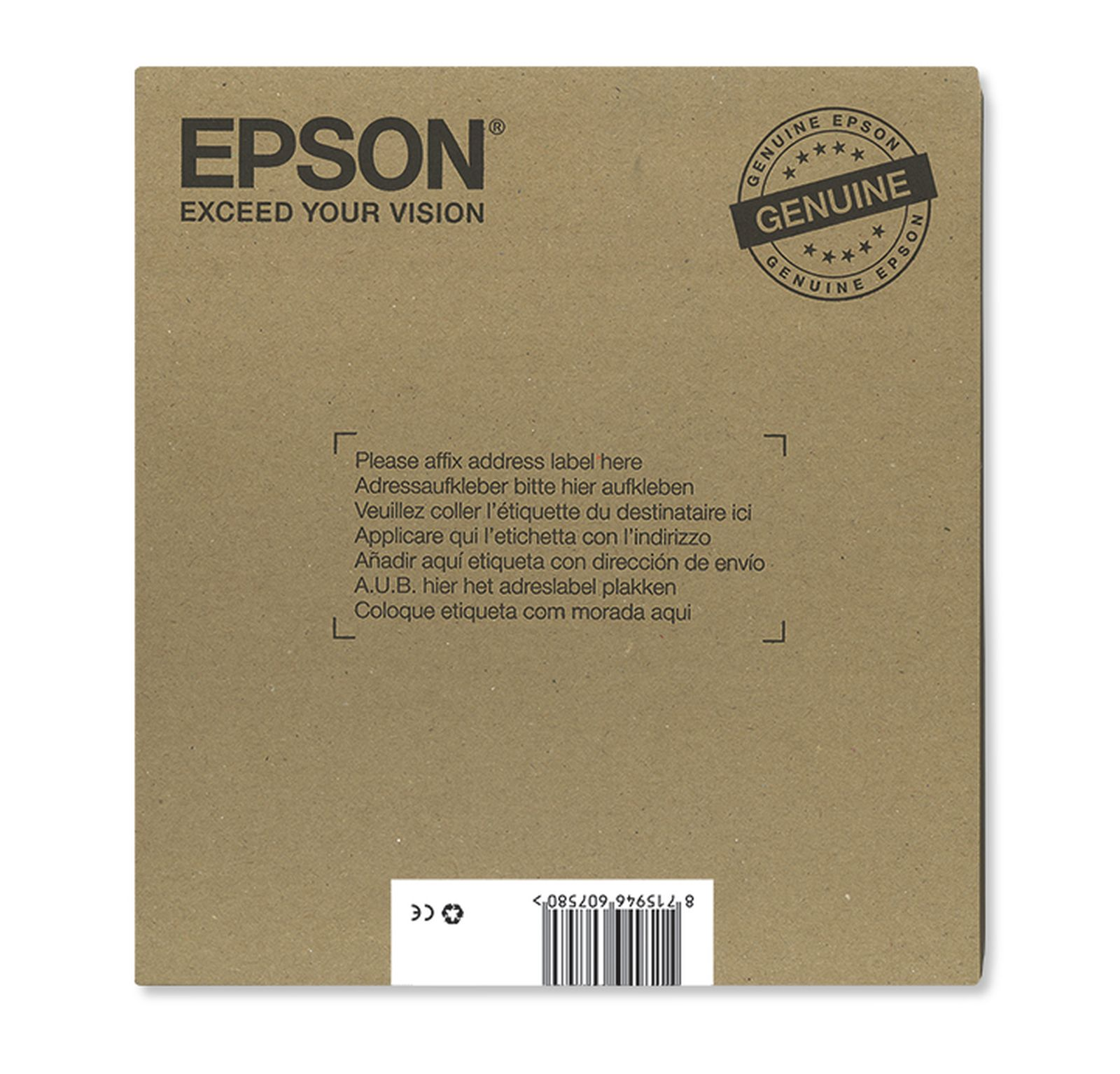 Logotipo de Epson, sello "Genuine Epson" e instrucciones en varios idiomas.