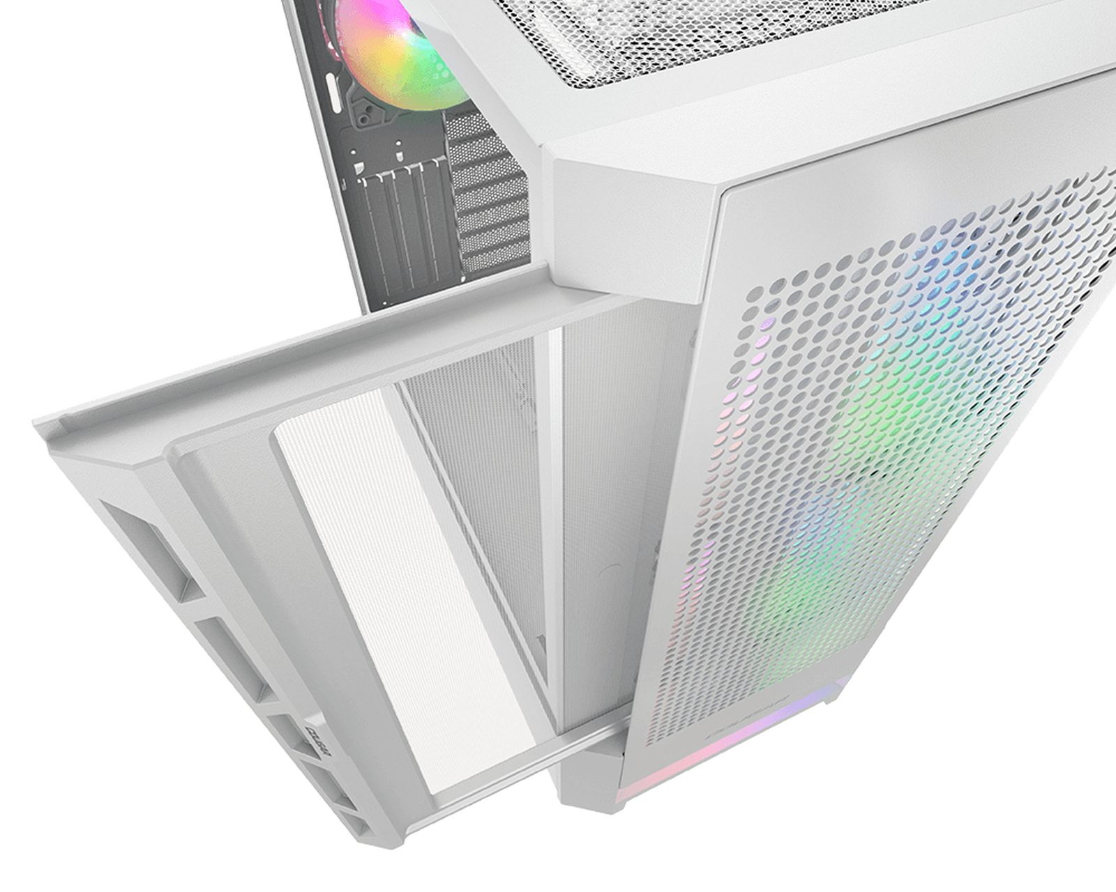 Case PC bianco con ventola RGB e pannello frontale in mesh.