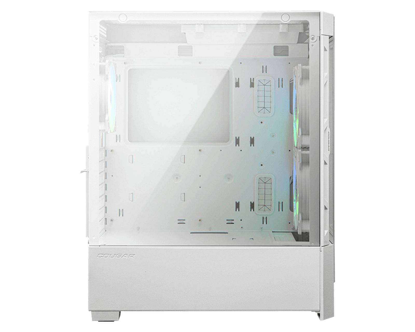 Case del computer bianco con pannello laterale in vetro che mostra i componenti interni.
