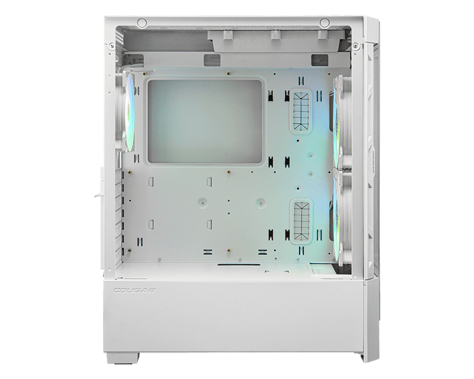 Un case per computer bianco con ventole, visto frontalmente.
