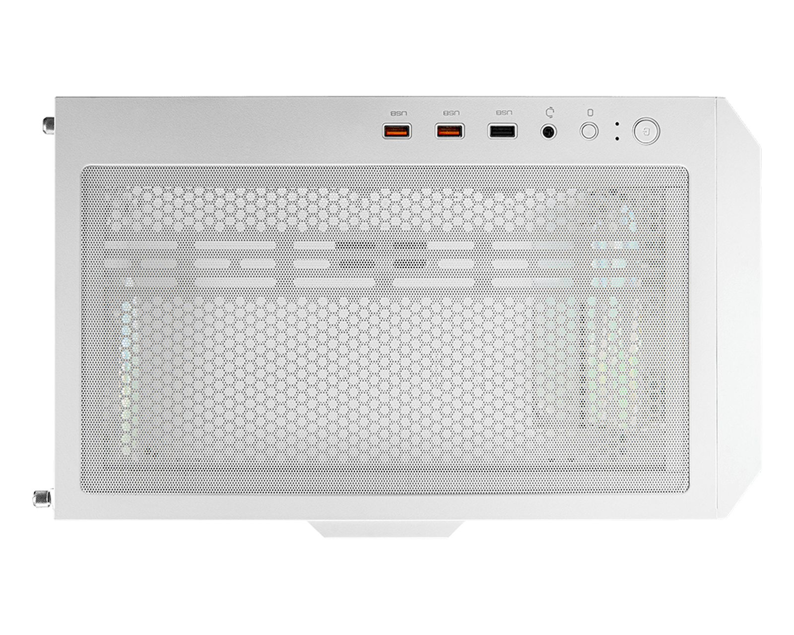 Un case per computer bianco con griglia perforata e porte USB in cima.