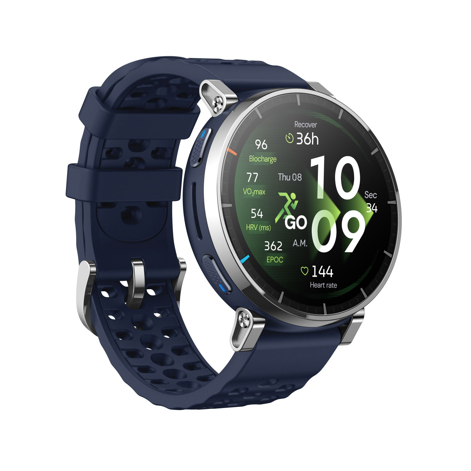 Eine dunkelblaue Smartwatch mit einem runden Zifferblatt, das Daten wie Herzfrequenz, VO2max und Erholungszeit anzeigt.