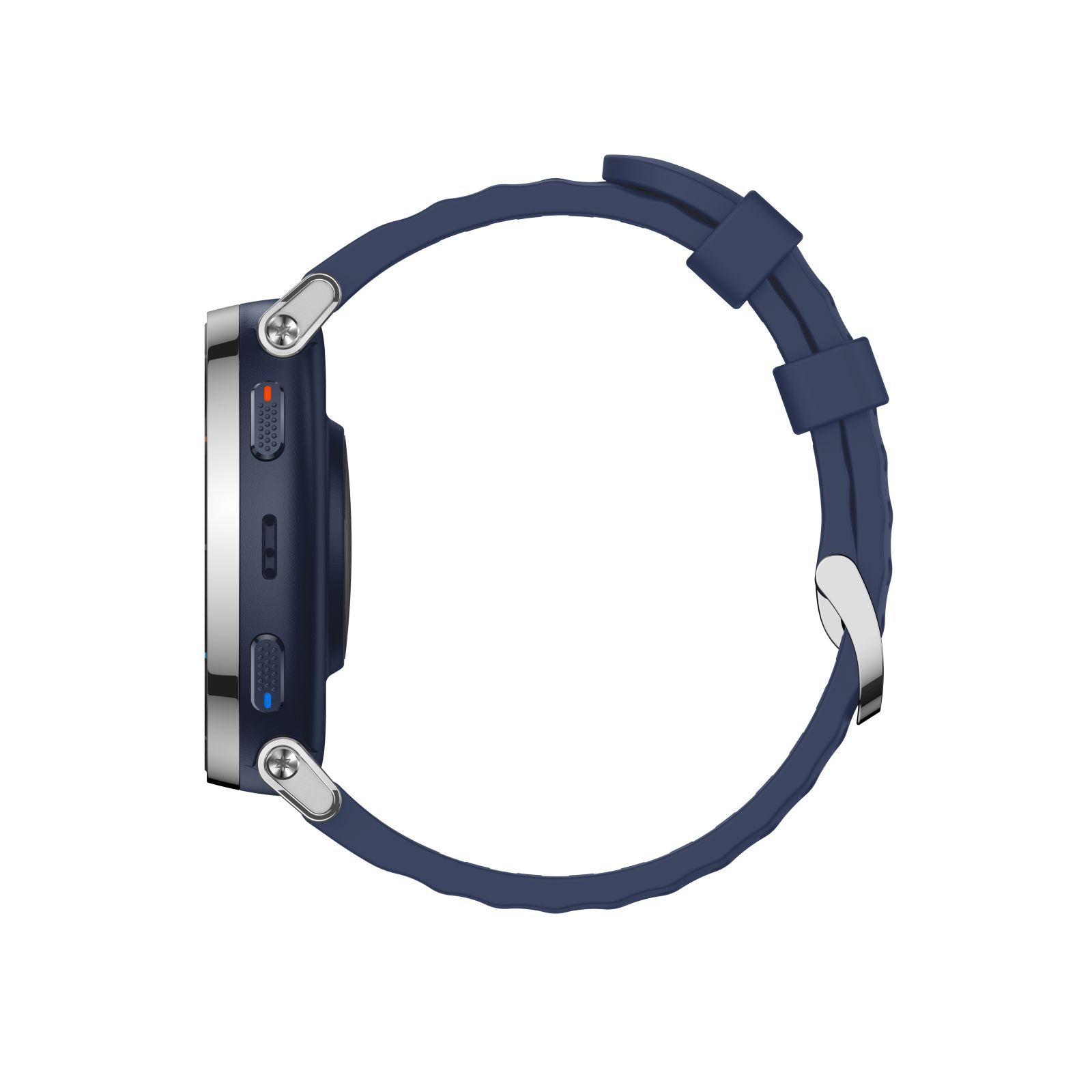 Dunkelblaue Smartwatch mit silbernen Akzenten und gummiertem Armband.