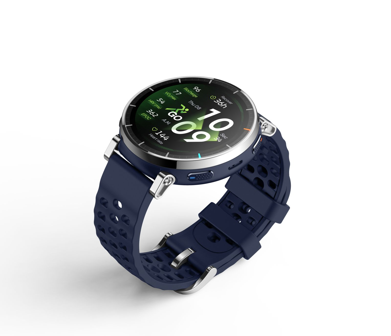 Eine dunkelblaue Smartwatch mit silbernen Akzenten auf weißem Hintergrund.