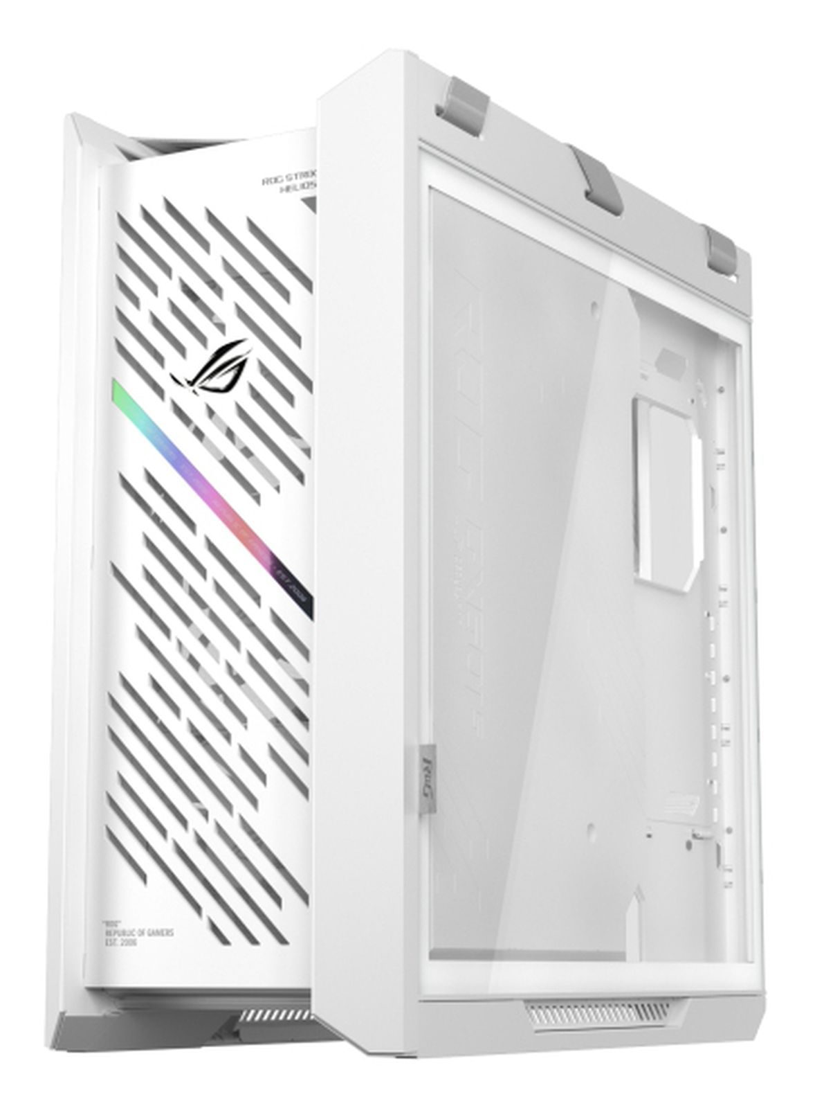 Een witte computerkast met glazen voorkant en ventilatiesleuven.