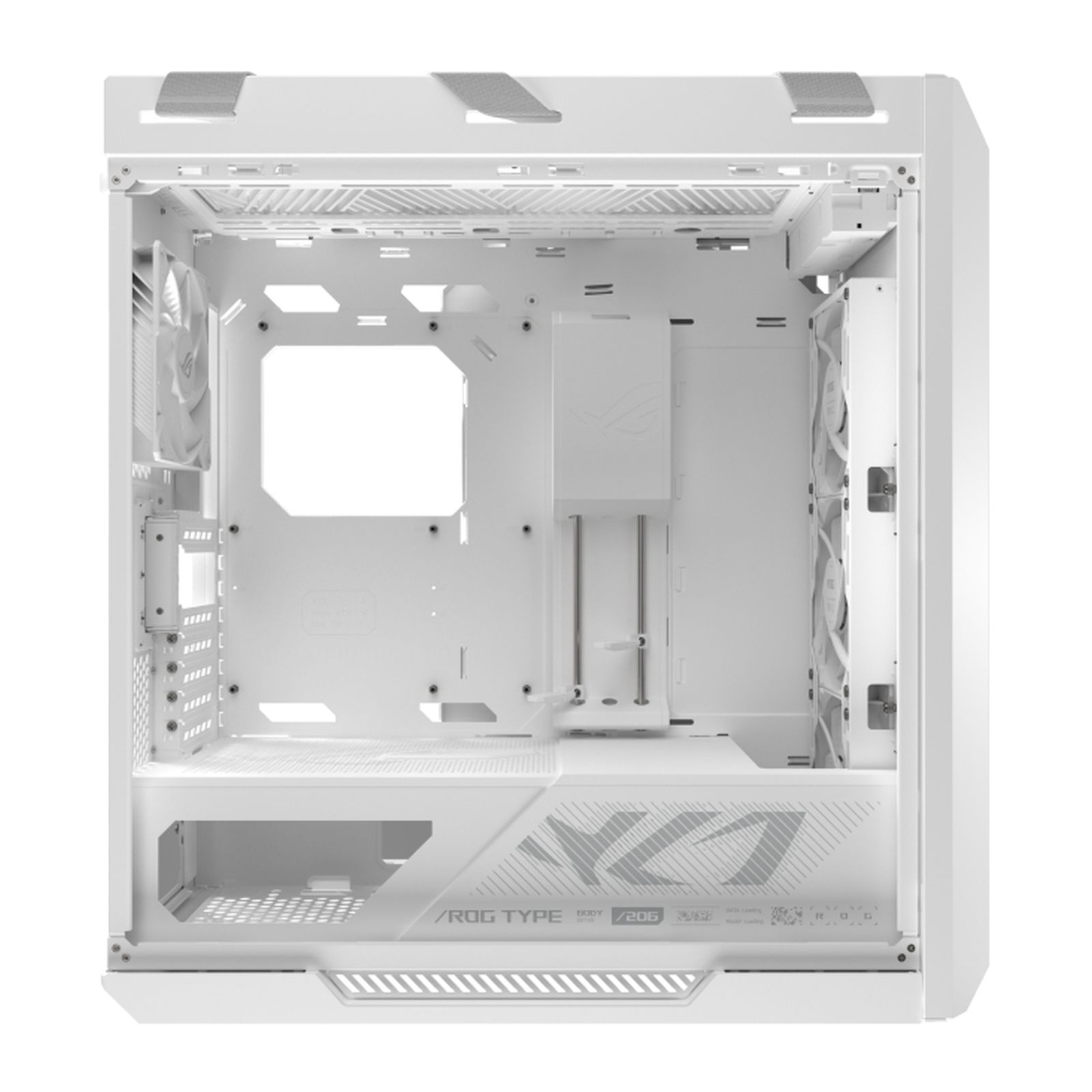 Interieurweergave van een witte computerkast met ventilatoren en uitsparingen.