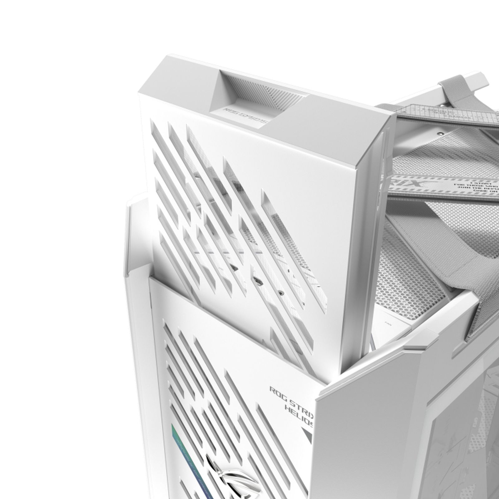 Witte pc-behuizing met ventilatiesleuven en ROG-logo.