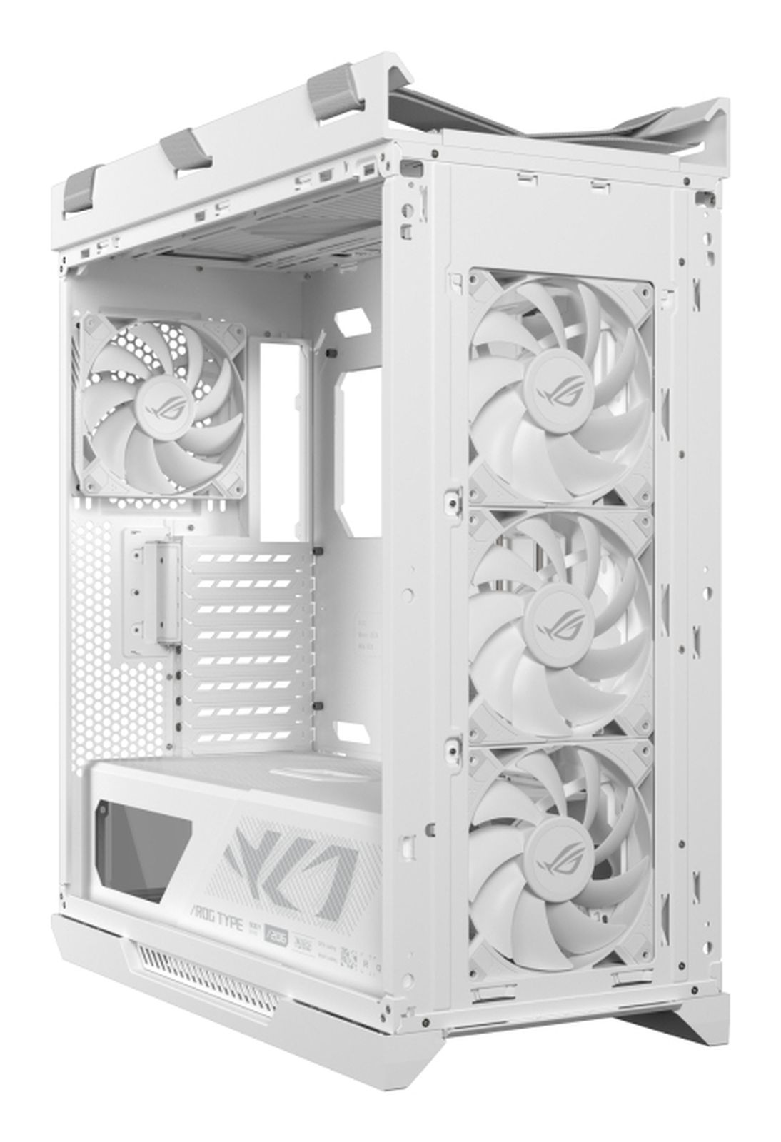 Een witte computerkast met ventilatoren en ROG-logo.