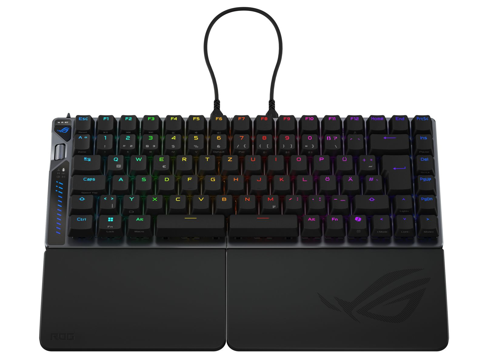 Una tastiera gaming nera con illuminazione RGB e poggiapolsi staccabile.