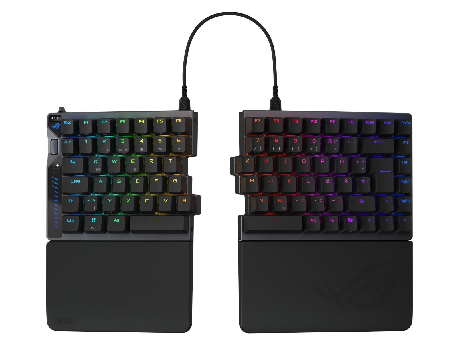 Una tastiera ergonomica divisa con retroilluminazione RGB e poggia polsi.