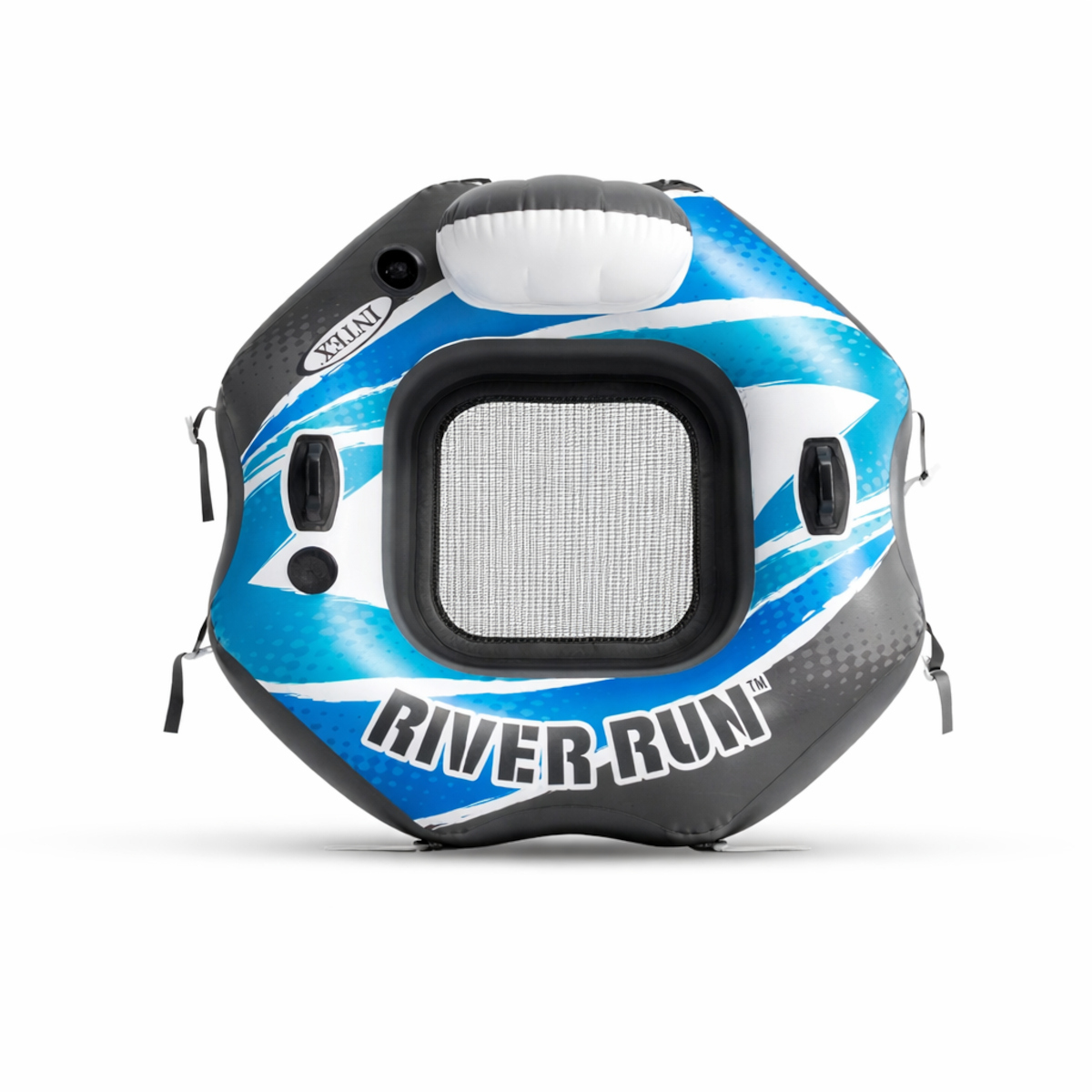 Aufblasbare River Run-Schwimmhilfe mit blau-weißen Streifen und Netz.