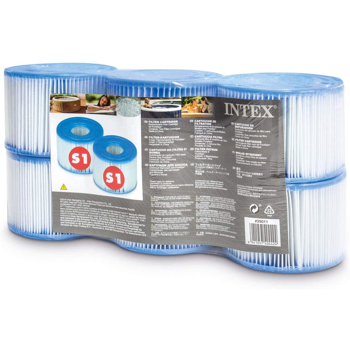 Vier Intex PureSpa S1 Ersatzfilterkartuschen in Plastikfolie verpackt, mit Produktinformationen.