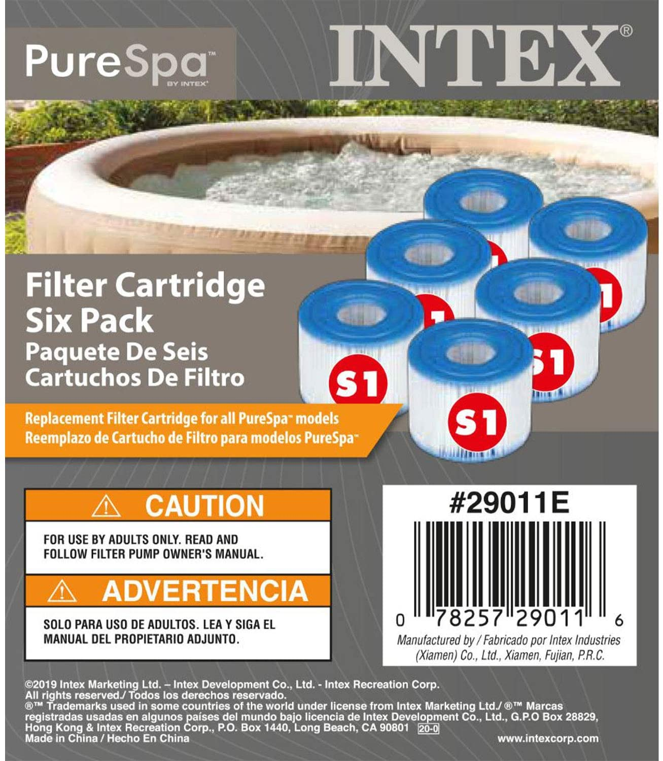 Packung mit sechs Filterkartuschen für PureSpa Whirlpools mit blauen und weißen Aufdrucken.