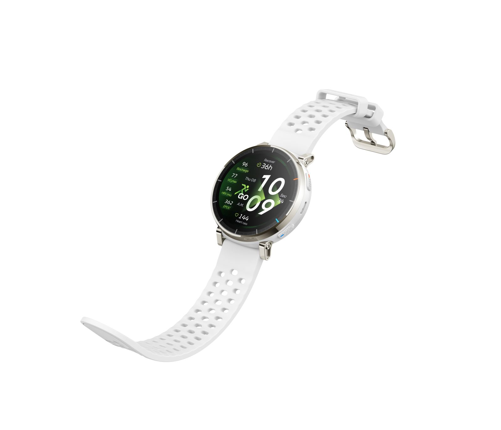 Un reloj inteligente blanco con caja y correa plateadas muestra datos de fitness.