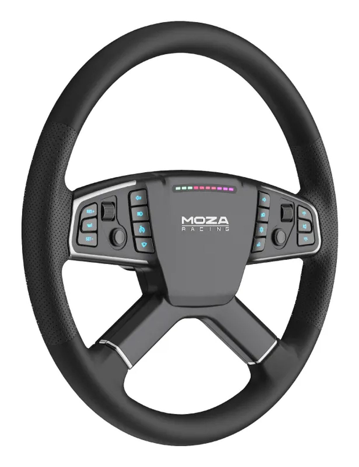 Un volant de course noir avec des boutons et le logo MOZA RACING.