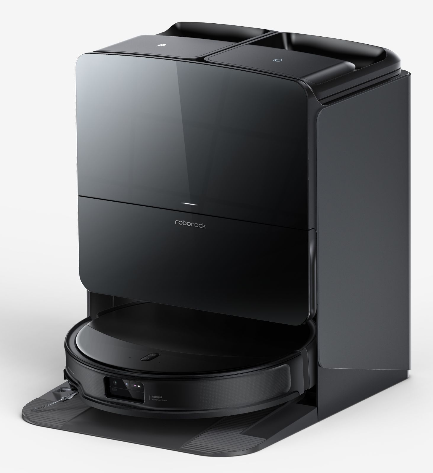 Czarny robot sprzątający ze stacją dokującą, na białym tle.