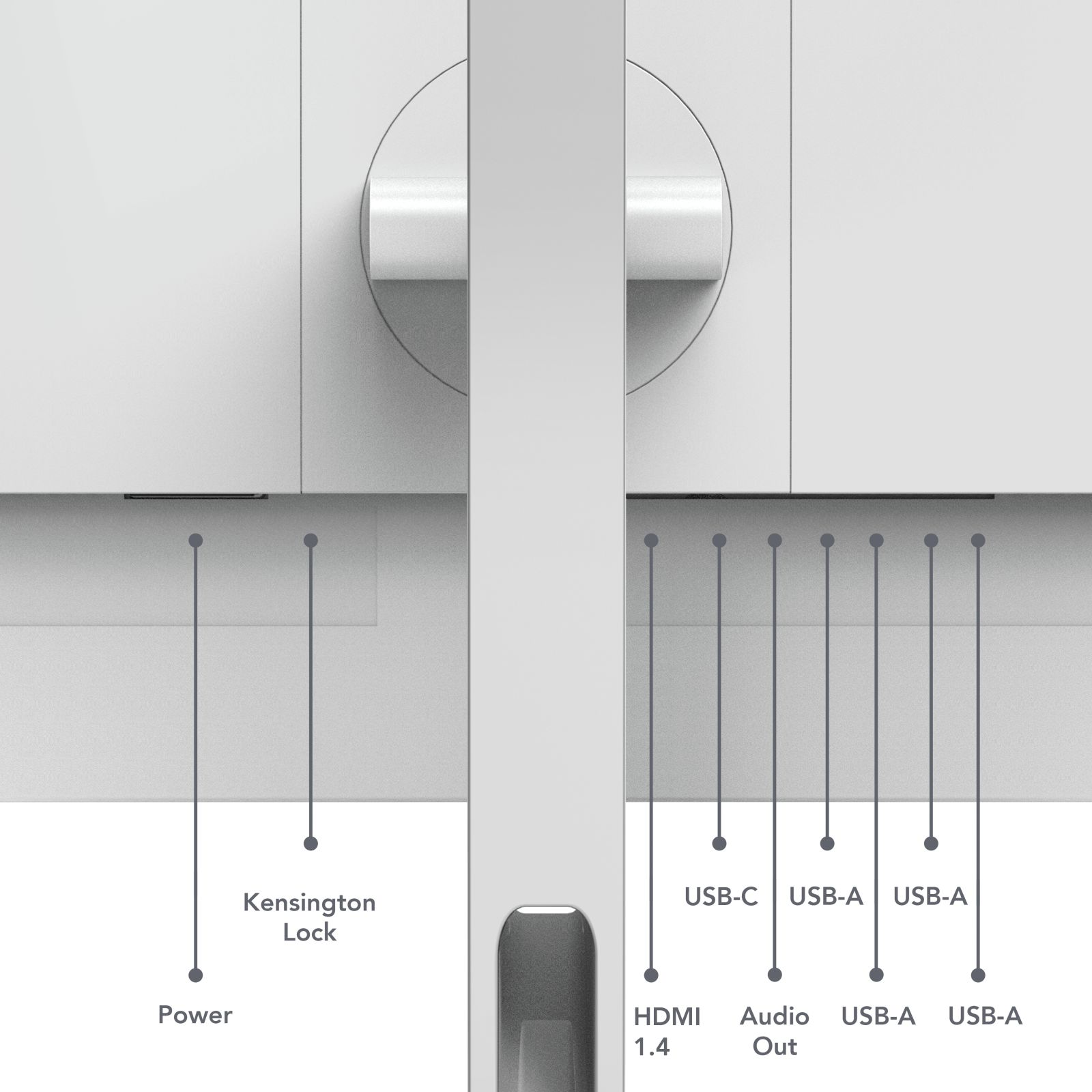 Porty: Zasilanie, Blokada Kensington, USB-C, USB-A, HDMI 1.4, Wyjście audio.