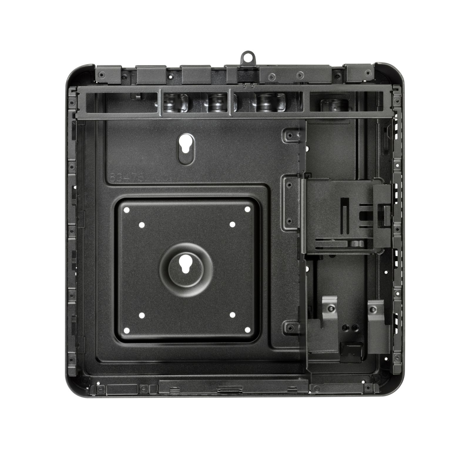 Un telaio nero in metallo per computer con punti di montaggio e staffe.