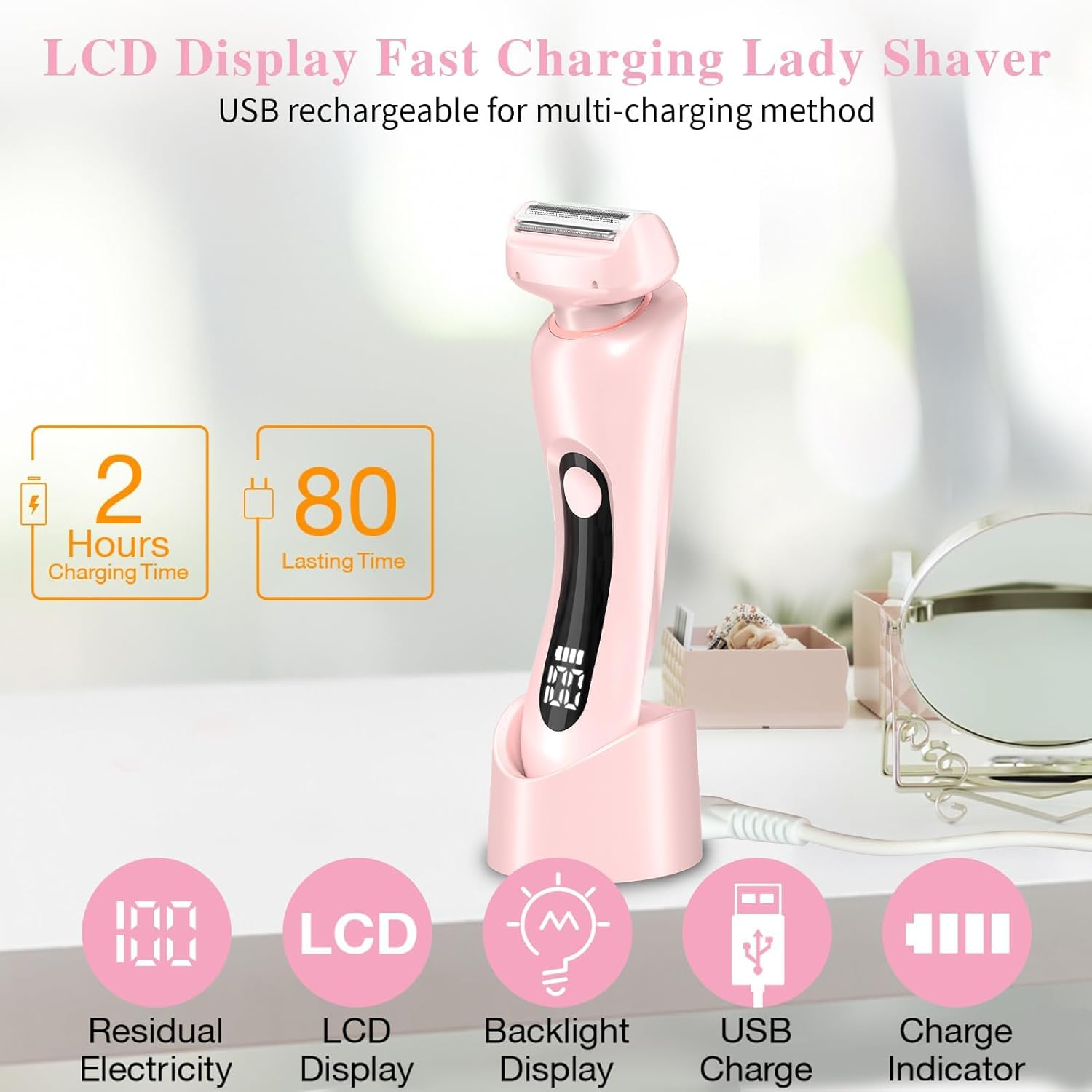 Ein rosa Damenrasierer mit LCD-Anzeige, Ladestation und Ladeinformationen.