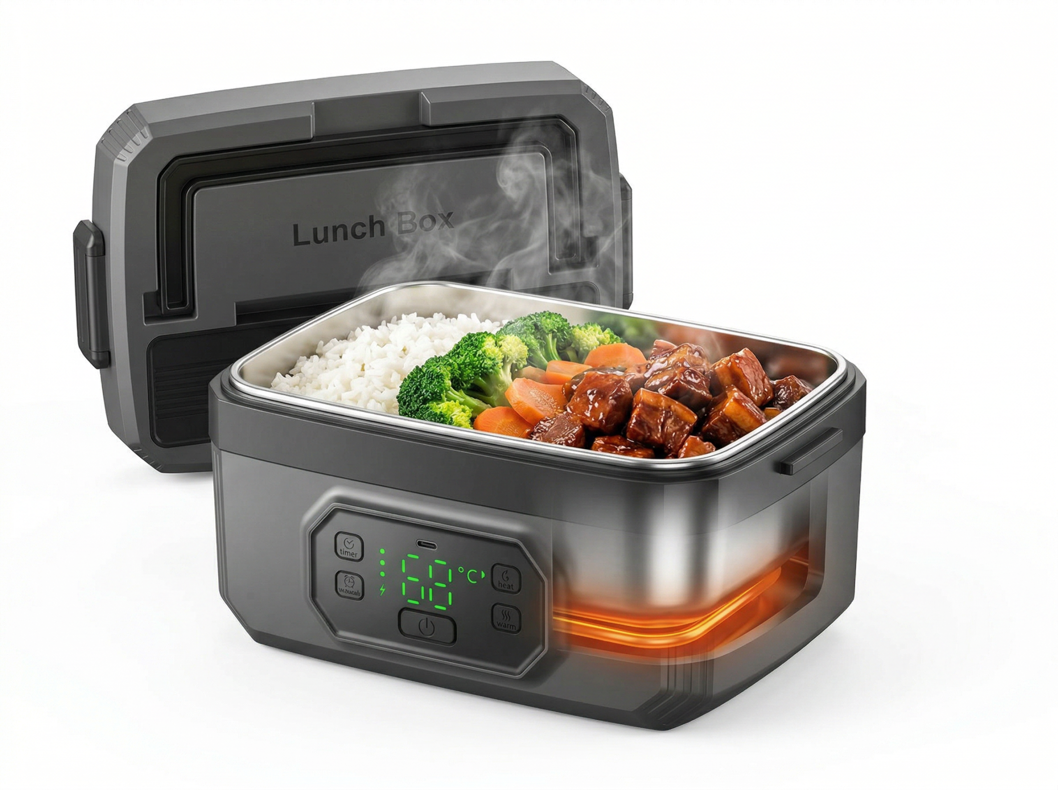 Ein elektrischer Lunchbox-Behälter mit Reis, Brokkoli, Karotten und Fleisch.