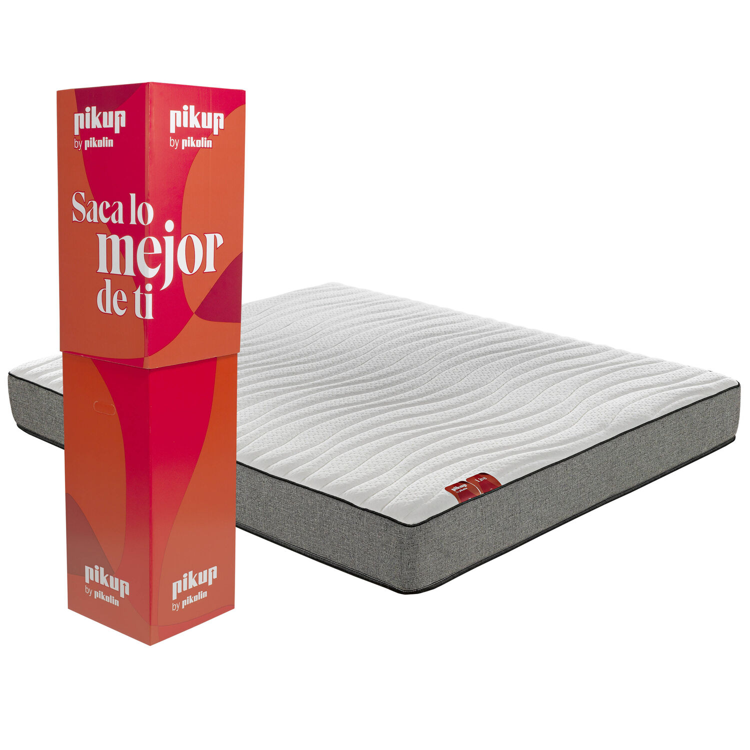 Una caja roja con "Pikup by Pikolin" y un colchón blanco con bordes grises.