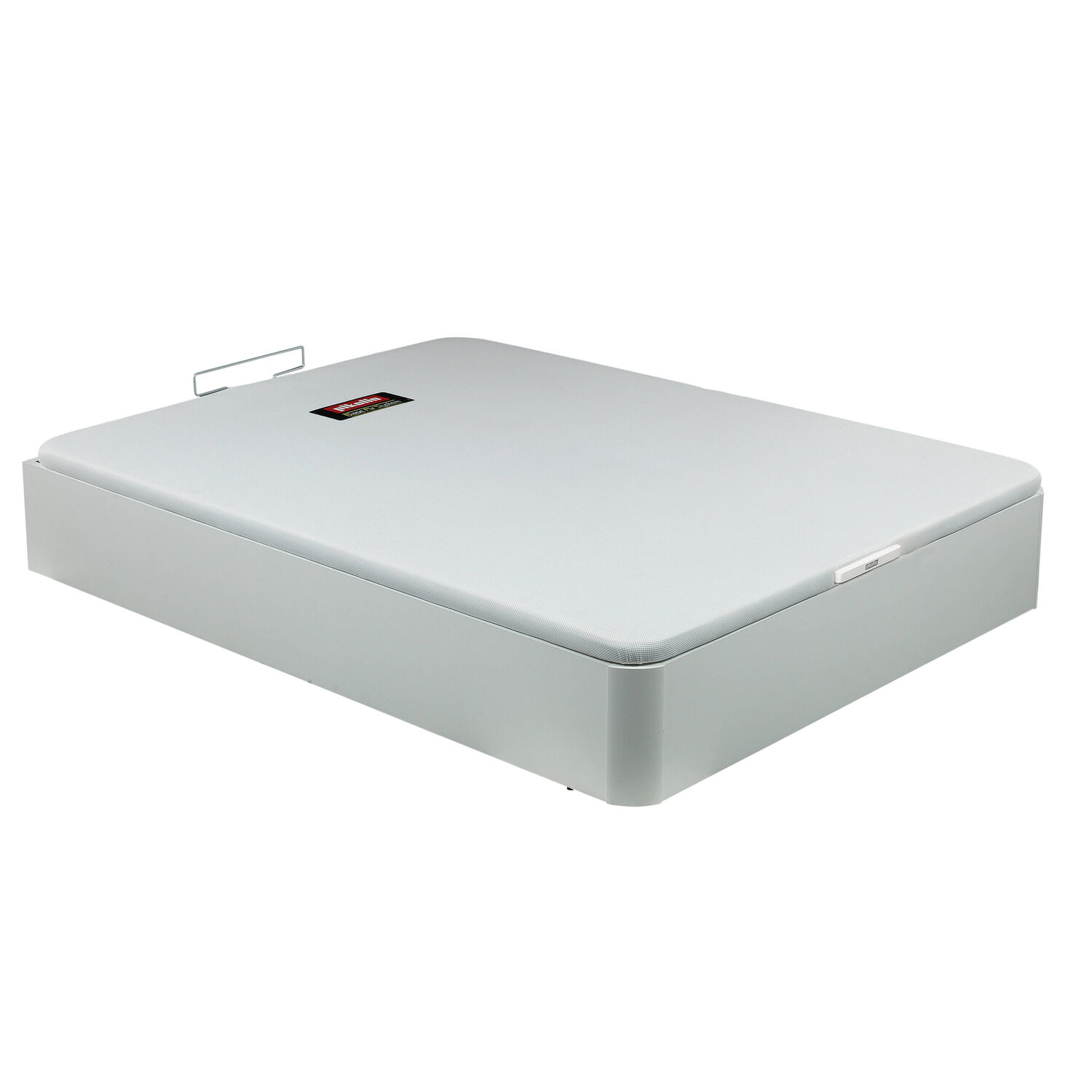 Base de cama gris con asa blanca y un logo rojo encima.