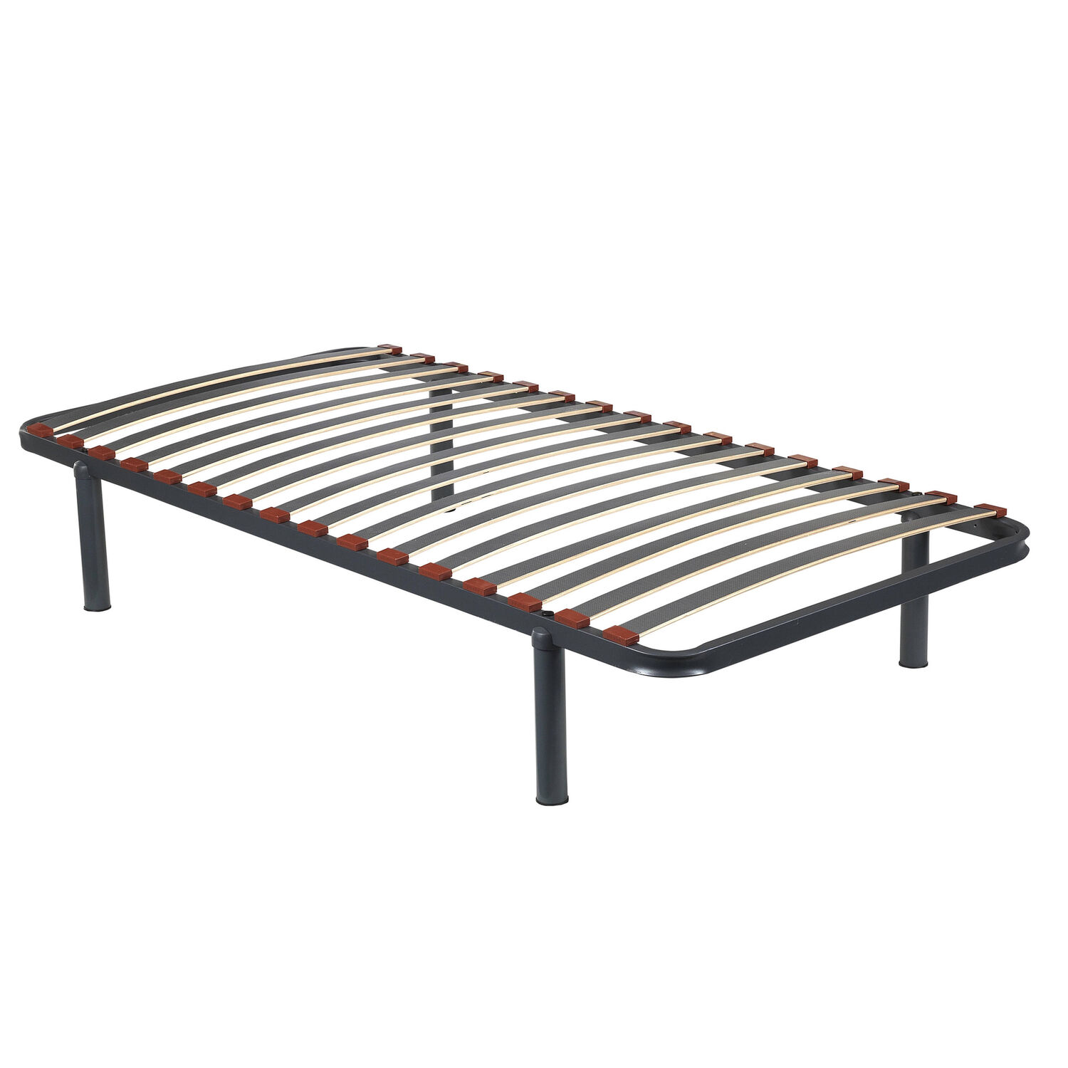 Una base de cama de metal con listones de madera y cuatro patas.