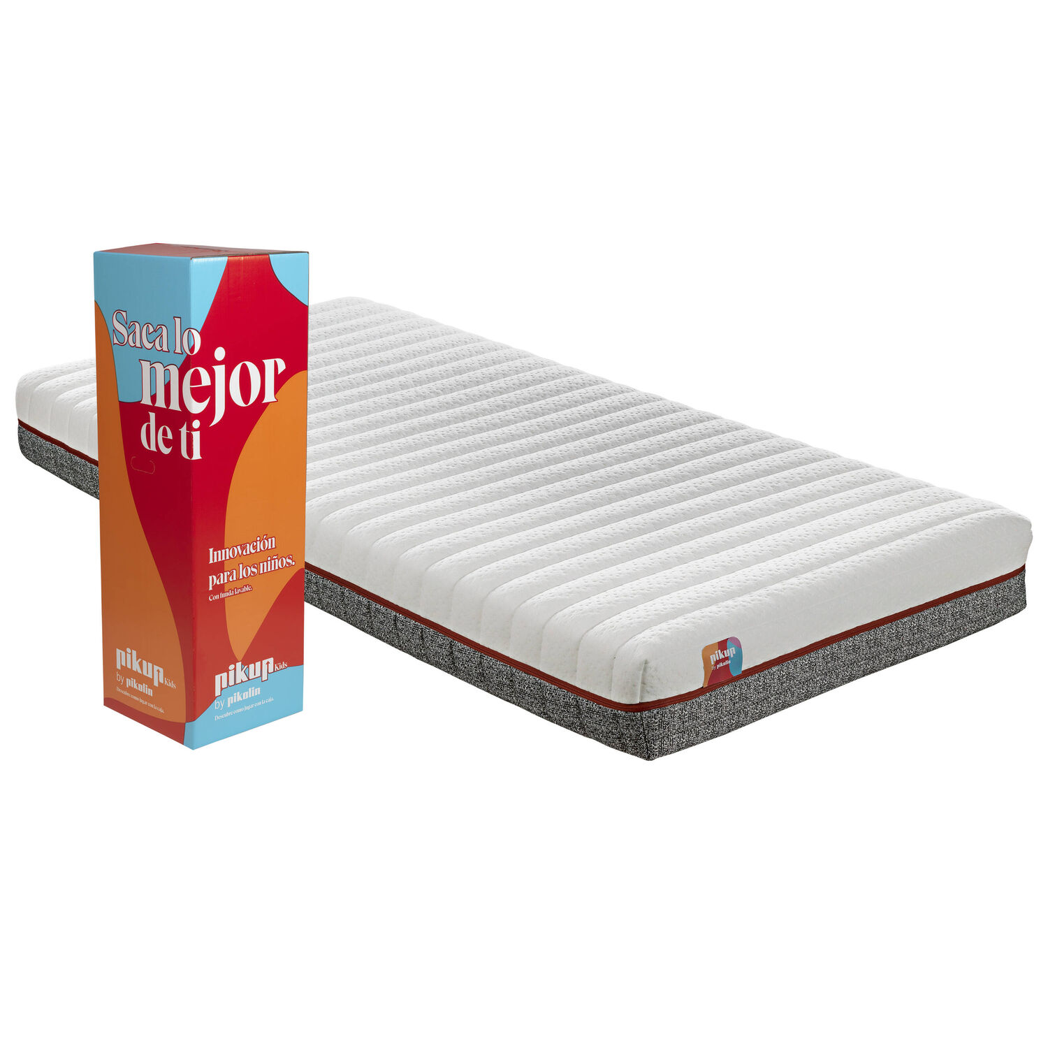 Un colchón Pikup y su caja colorida, que dice 'Saca lo mejor de ti'.