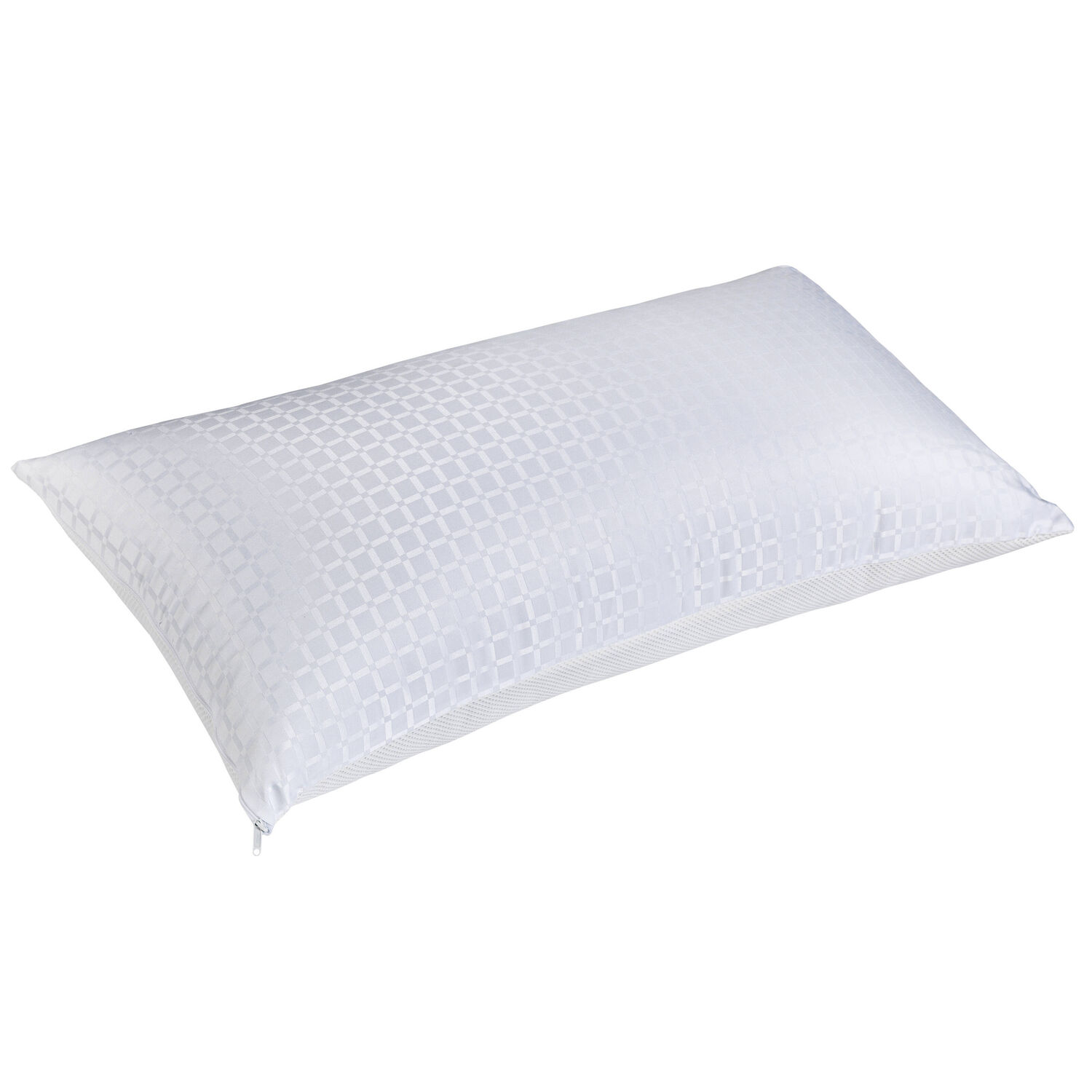 Una almohada blanca con un patrón a cuadros y una cremallera lateral.