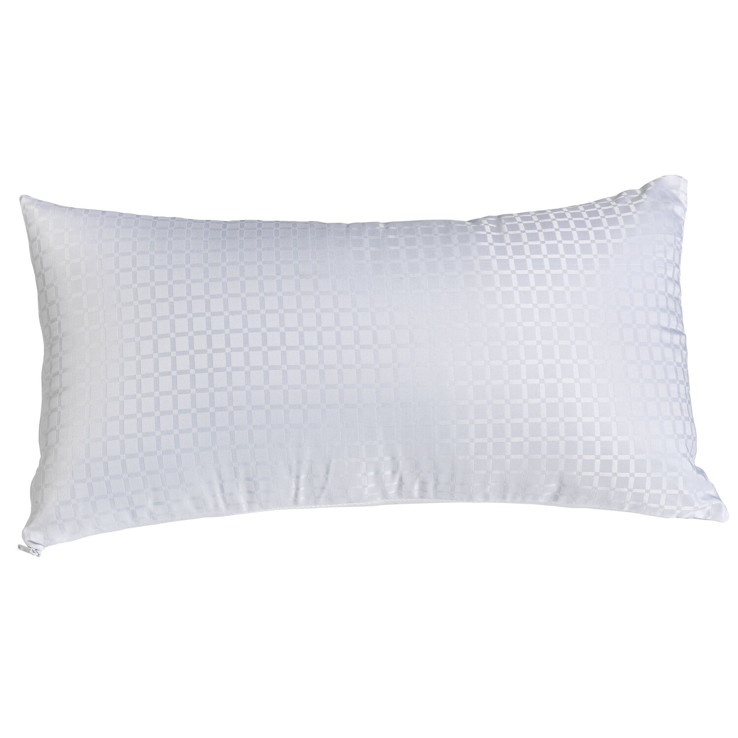Una almohada blanca con un sutil estampado a cuadros.