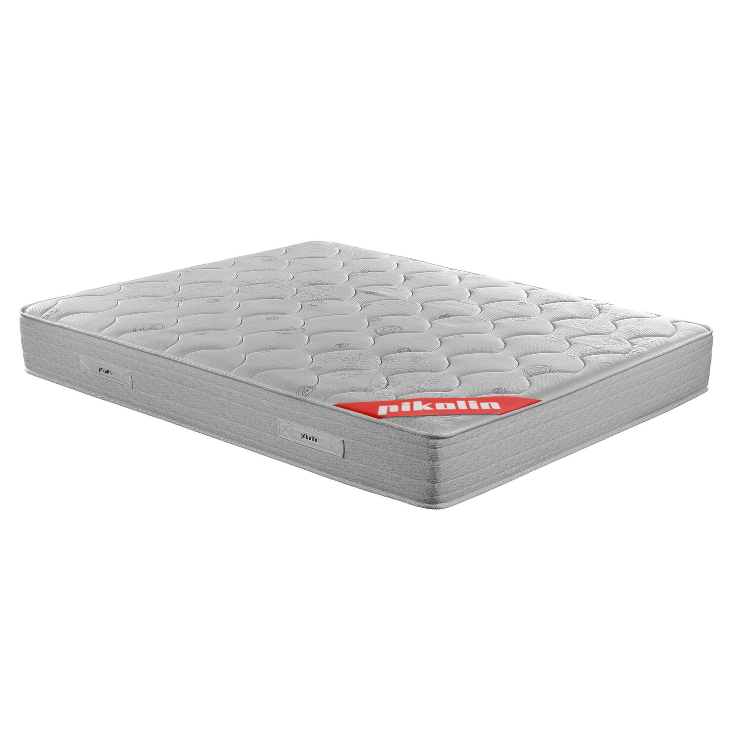 Un colchón gris con parte superior acolchada y un logo rojo y blanco en el lateral.
