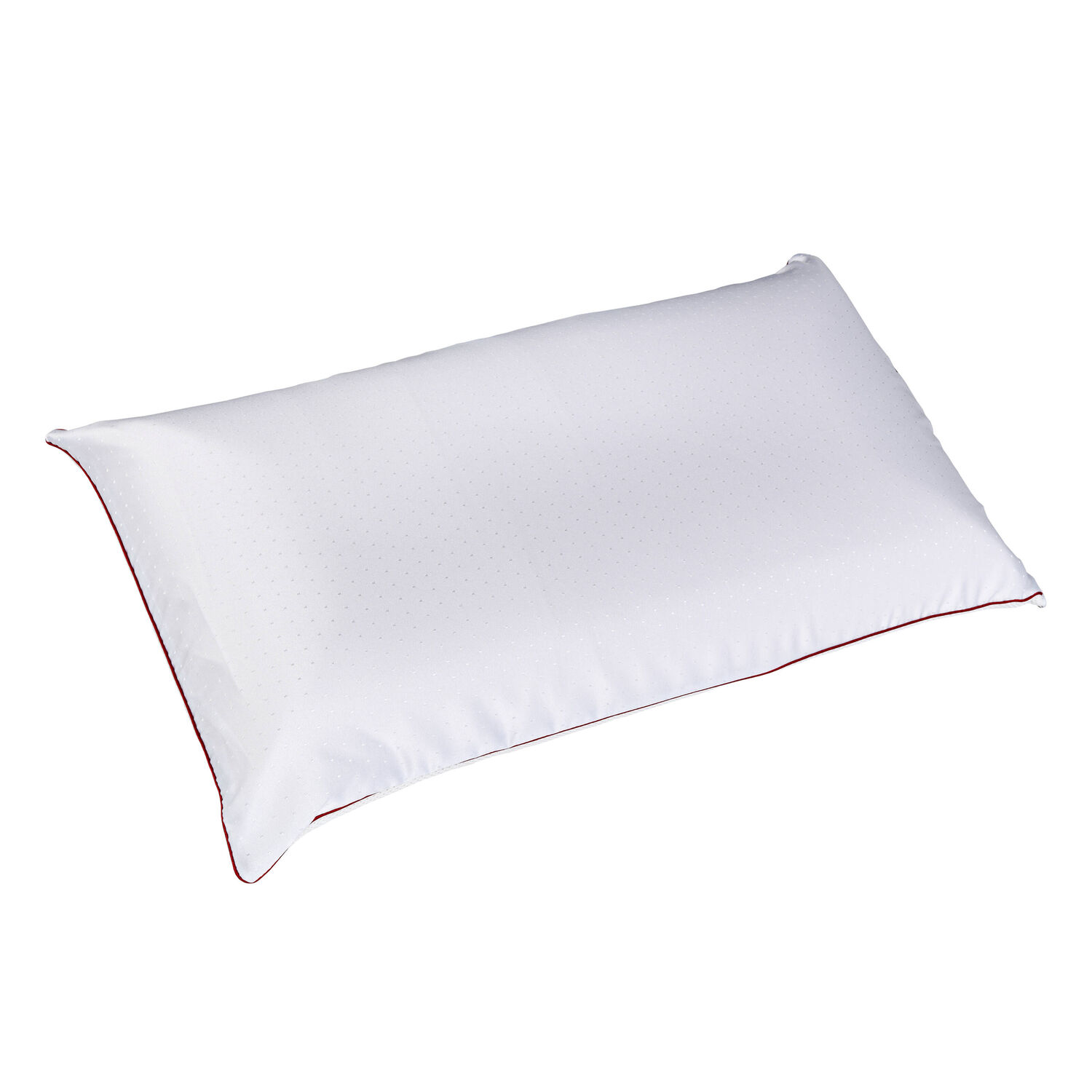 Una almohada blanca con borde rojo, sobre fondo blanco.