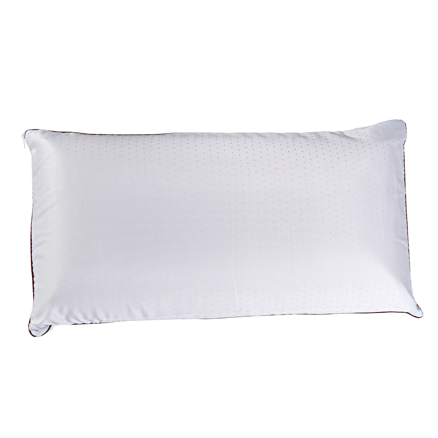 Una almohada blanca con un patrón de puntos pequeños y ribete rojo.