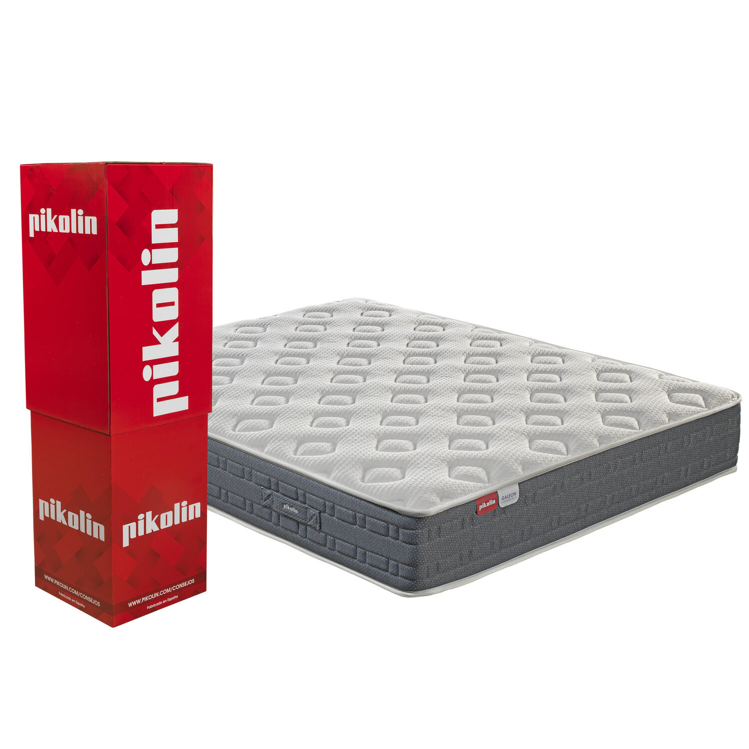Un colchón blanco con borde gris, junto a cajas rojas con la etiqueta "pikolin".