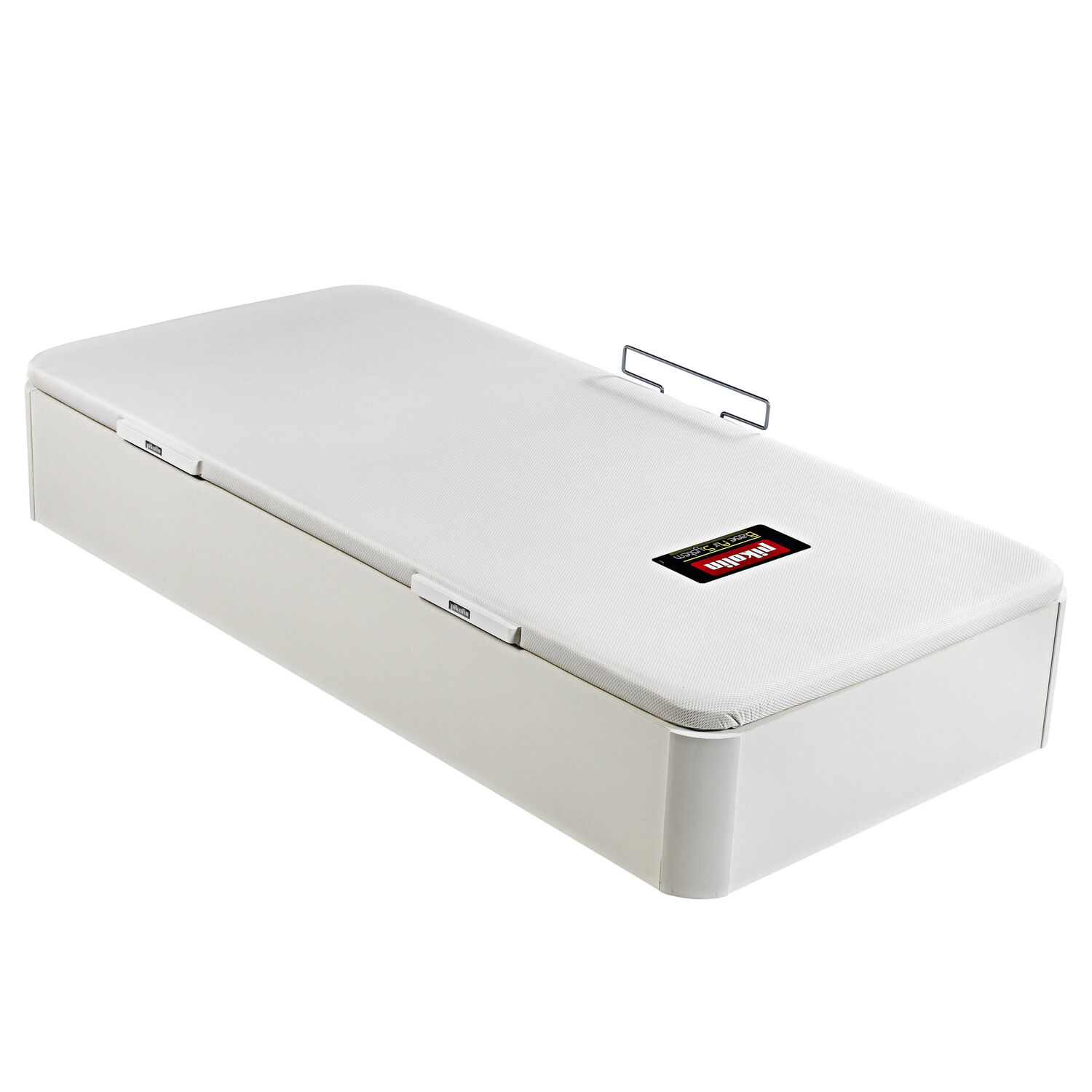 Una base de cama blanca con un asa metálica y un logo.