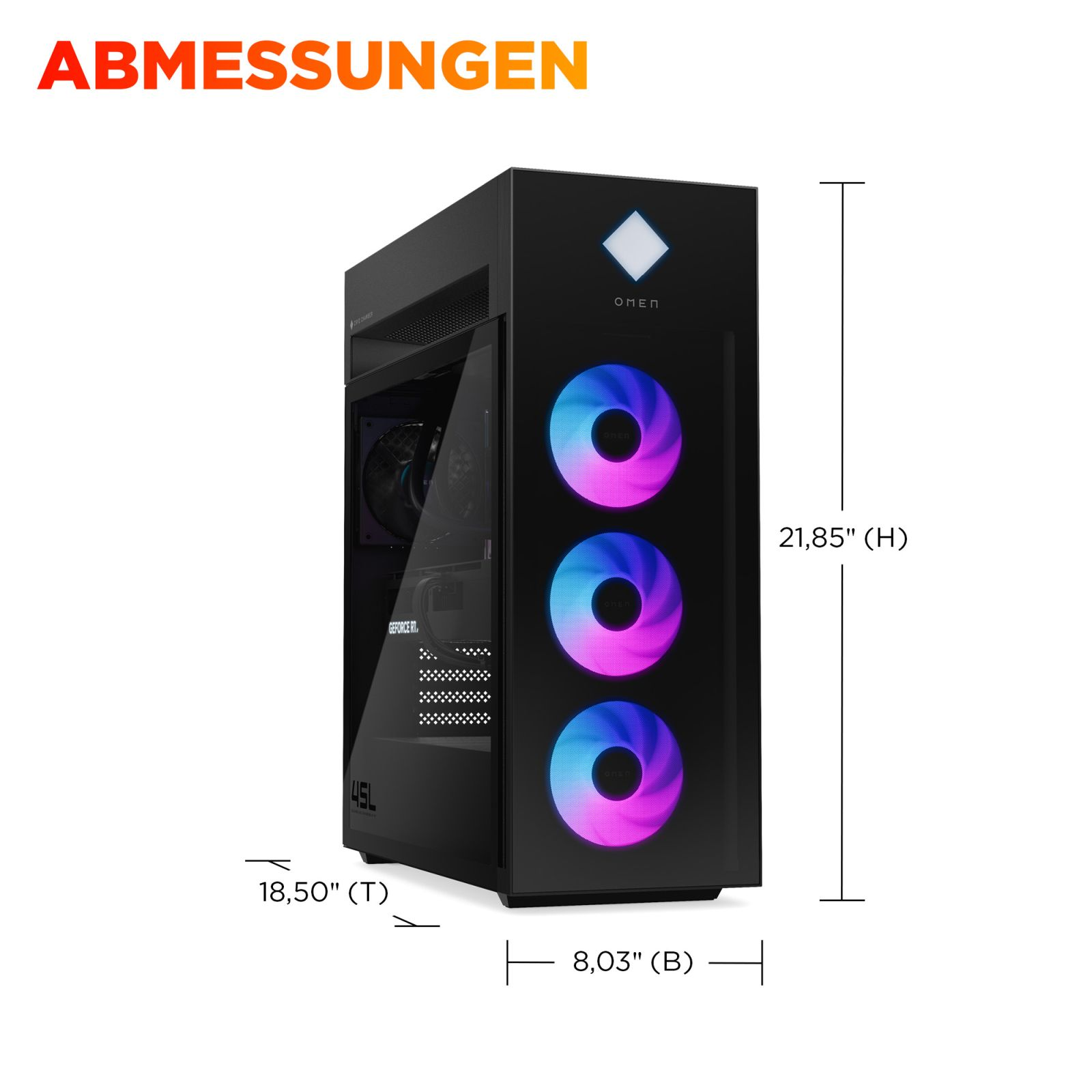 PC da gaming nero con tre ventole illuminate. Dimensioni indicate.