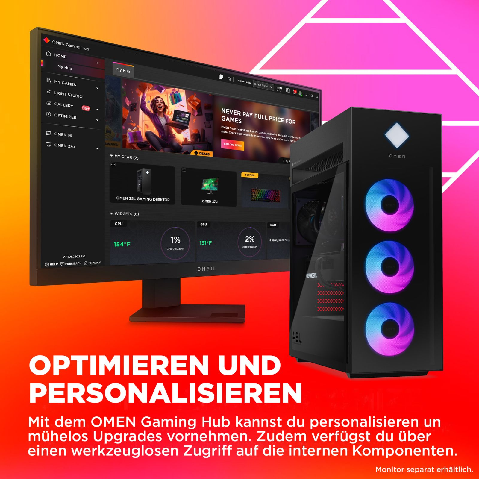 Un PC gaming OMEN nero con ventole RGB e un monitor che mostra il software OMEN Gaming Hub.