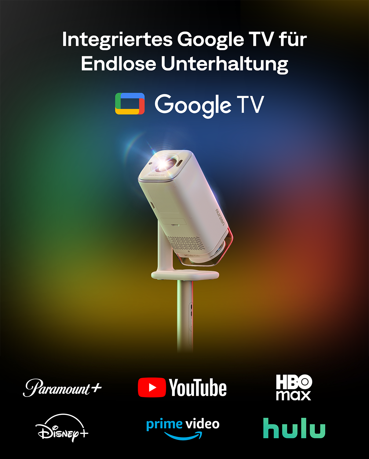 Ein weißer Projektor wirft Licht. Logos von Google TV, Paramount+, YouTube, Disney+, Prime Video, HBO Max, Hulu.