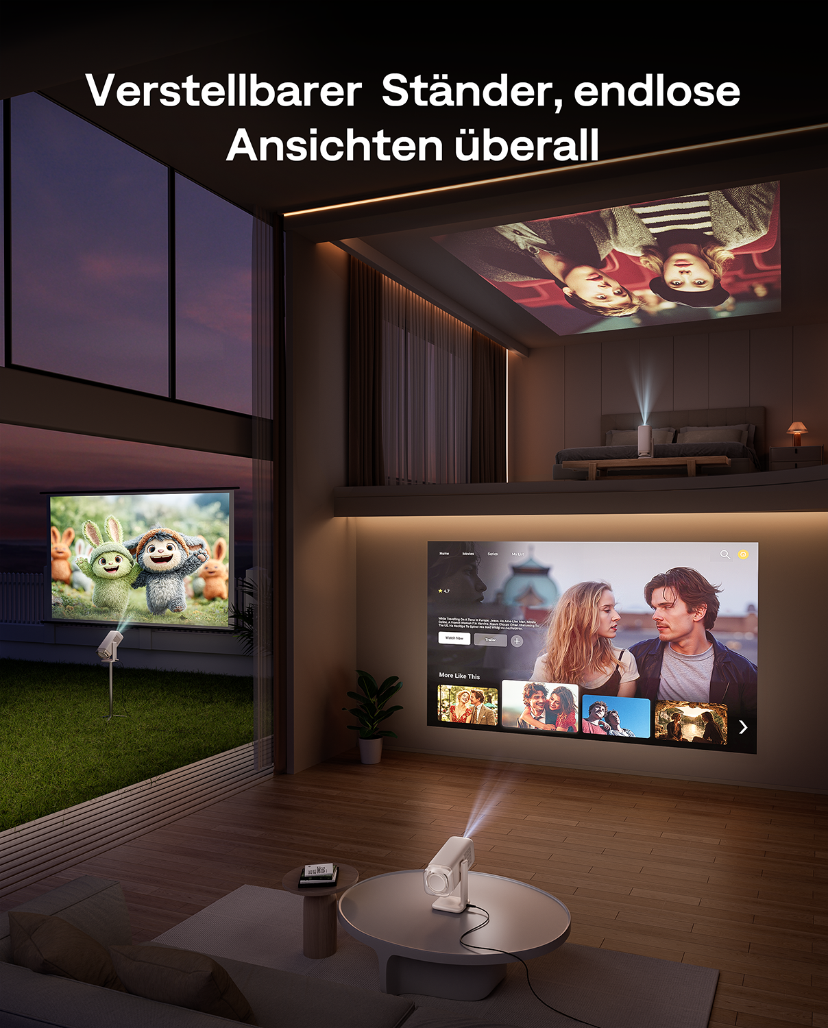 Ein Projektor projiziert Filme auf eine Leinwand im Freien und auf eine Decke im Schlafzimmer.