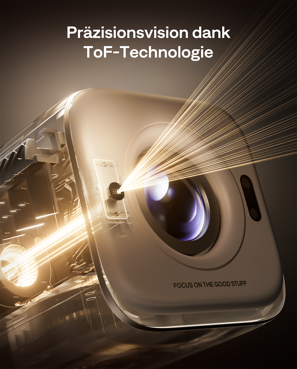 Ein Projektor mit ToF-Technologie, der Lichtstrahlen aussendet.